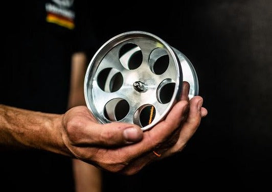 Fully machined 4" billet aluminum YoYo. Custom grooved 10 ball bearing for sleeping. Response pads for quick return. Machined holes cutting the air as the YoYo is in full motion, also allowing the billet machined cuts to drop weight for highest performance. Stainless steel cap nuts. Machined finish. MADE IN THE USA.